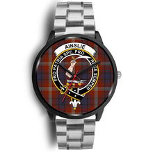 Load image into Gallery viewer, Ainslie Clans ,Black Metal Link watch, leather steel watch, tartan watch, tartan watches, clan watch, scotland watch, merry christmas, cyber Monday, halloween, black Friday