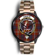 Load image into Gallery viewer, Ainslie Clans ,Black Leather watch, leather steel watch, tartan watch, tartan watches, clan watch, scotland watch, merry christmas, cyber Monday, halloween, black Friday
