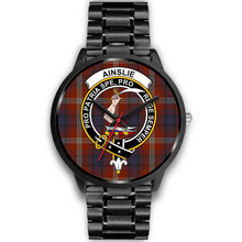 Load image into Gallery viewer, Ainslie Clans ,Black Metal Link watch, leather steel watch, tartan watch, tartan watches, clan watch, scotland watch, merry christmas, cyber Monday, halloween, black Friday