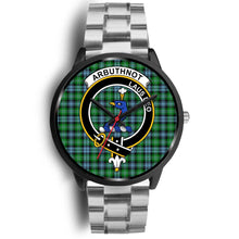 Load image into Gallery viewer, Arbuthnott Clans ,Black Metal Link watch, leather steel watch, tartan watch, tartan watches, clan watch, scotland watch, merry christmas, cyber Monday, halloween, black Friday