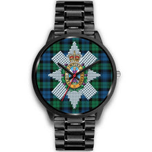 Load image into Gallery viewer, Blackwatch Ancient Clans ,Black Metal Link watch, leather steel watch, tartan watch, tartan watches, clan watch, scotland watch, merry christmas, cyber Monday, halloween, black Friday