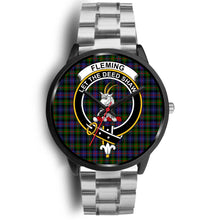 Load image into Gallery viewer, Fleming Clans ,Black Metal Link watch, leather steel watch, tartan watch, tartan watches, clan watch, scotland watch, merry christmas, cyber Monday, halloween, black Friday