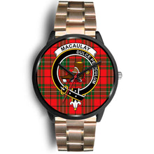 Load image into Gallery viewer, MacAulay Modern Clans ,Black Leather watch, leather steel watch, tartan watch, tartan watches, clan watch, scotland watch, merry christmas, cyber Monday, halloween, black Friday