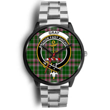 Load image into Gallery viewer, Gray Hunting Clans ,Black Metal Link watch, leather steel watch, tartan watch, tartan watches, clan watch, scotland watch, merry christmas, cyber Monday, halloween, black Friday