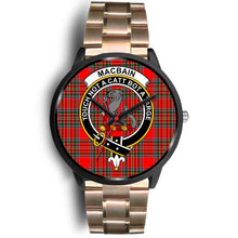Load image into Gallery viewer, Macbain Clans ,Black Leather watch, leather steel watch, tartan watch, tartan watches, clan watch, scotland watch, merry christmas, cyber Monday, halloween, black Friday