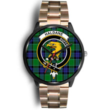 Load image into Gallery viewer, Haldane Clans ,Black Leather watch, leather steel watch, tartan watch, tartan watches, clan watch, scotland watch, merry christmas, cyber Monday, halloween, black Friday