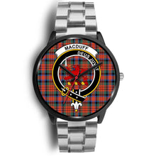 Load image into Gallery viewer, MacDuff Ancient Clans ,Black Metal Link watch, leather steel watch, tartan watch, tartan watches, clan watch, scotland watch, merry christmas, cyber Monday, halloween, black Friday