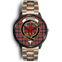 Load image into Gallery viewer, MacDuff Ancient Clans ,Black Leather watch, leather steel watch, tartan watch, tartan watches, clan watch, scotland watch, merry christmas, cyber Monday, halloween, black Friday