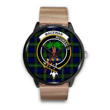 Load image into Gallery viewer, MacEwan Clans ,Black Metal Link watch, leather steel watch, tartan watch, tartan watches, clan watch, scotland watch, merry christmas, cyber Monday, halloween, black Friday