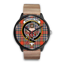 Load image into Gallery viewer, MacFarlane Ancient Clans ,Black Metal Link watch, leather steel watch, tartan watch, tartan watches, clan watch, scotland watch, merry christmas, cyber Monday, halloween, black Friday