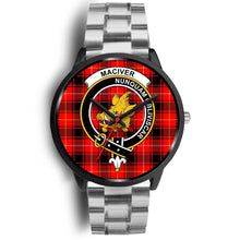 Load image into Gallery viewer, MacIver Clans ,Black Metal Link watch, leather steel watch, tartan watch, tartan watches, clan watch, scotland watch, merry christmas, cyber Monday, halloween, black Friday