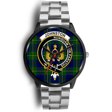 Load image into Gallery viewer, Johnstone Clans ,Black Metal Link watch, leather steel watch, tartan watch, tartan watches, clan watch, scotland watch, merry christmas, cyber Monday, halloween, black Friday