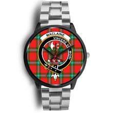 Load image into Gallery viewer, MacLaine Of Loch Buie Clans ,Black Metal Link watch, leather steel watch, tartan watch, tartan watches, clan watch, scotland watch, merry christmas, cyber Monday, halloween, black Friday