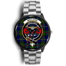 Load image into Gallery viewer, MacLeod Clans ,Black Metal Link watch, leather steel watch, tartan watch, tartan watches, clan watch, scotland watch, merry christmas, cyber Monday, halloween, black Friday