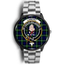Load image into Gallery viewer, Lamont Modern Clans ,Black Metal Link watch, leather steel watch, tartan watch, tartan watches, clan watch, scotland watch, merry christmas, cyber Monday, halloween, black Friday