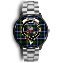 Load image into Gallery viewer, MacNeil Of Barra Clans ,Black Metal Link watch, leather steel watch, tartan watch, tartan watches, clan watch, scotland watch, merry christmas, cyber Monday, halloween, black Friday