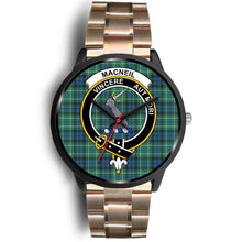 Load image into Gallery viewer, MacNeil of Colonsay Clans ,Black Leather watch, leather steel watch, tartan watch, tartan watches, clan watch, scotland watch, merry christmas, cyber Monday, halloween, black Friday