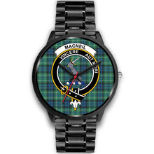 Load image into Gallery viewer, MacNeil of Colonsay Clans ,Black Metal Link watch, leather steel watch, tartan watch, tartan watches, clan watch, scotland watch, merry christmas, cyber Monday, halloween, black Friday