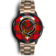 Load image into Gallery viewer, MacNicol (of Scorrybreac) Clans ,Black Leather watch, leather steel watch, tartan watch, tartan watches, clan watch, scotland watch, merry christmas, cyber Monday, halloween, black Friday