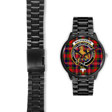 Load image into Gallery viewer, MacPherson Modern Clans ,Black Leather watch, leather steel watch, tartan watch, tartan watches, clan watch, scotland watch, merry christmas, cyber Monday, halloween, black Friday