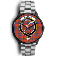 Load image into Gallery viewer, MacRae Ancient Clans ,Black Metal Link watch, leather steel watch, tartan watch, tartan watches, clan watch, scotland watch, merry christmas, cyber Monday, halloween, black Friday