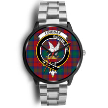 Load image into Gallery viewer, Lindsay Modern Clans ,Black Metal Link watch, leather steel watch, tartan watch, tartan watches, clan watch, scotland watch, merry christmas, cyber Monday, halloween, black Friday