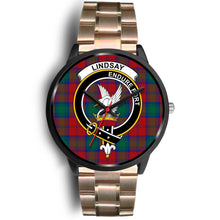 Load image into Gallery viewer, Lindsay Modern Clans ,Black Leather watch, leather steel watch, tartan watch, tartan watches, clan watch, scotland watch, merry christmas, cyber Monday, halloween, black Friday