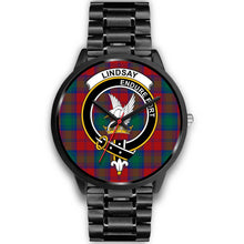 Load image into Gallery viewer, Lindsay Modern Clans ,Black Metal Link watch, leather steel watch, tartan watch, tartan watches, clan watch, scotland watch, merry christmas, cyber Monday, halloween, black Friday