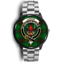 Load image into Gallery viewer, Lundin Clans ,Black Metal Link watch, leather steel watch, tartan watch, tartan watches, clan watch, scotland watch, merry christmas, cyber Monday, halloween, black Friday