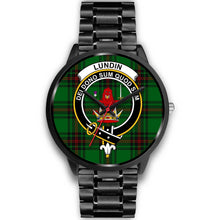 Load image into Gallery viewer, Lundin Clans ,Black Metal Link watch, leather steel watch, tartan watch, tartan watches, clan watch, scotland watch, merry christmas, cyber Monday, halloween, black Friday