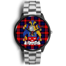 Load image into Gallery viewer, McLaughlin Clans ,Black Metal Link watch, leather steel watch, tartan watch, tartan watches, clan watch, scotland watch, merry christmas, cyber Monday, halloween, black Friday