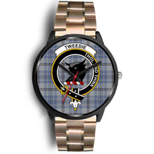 Load image into Gallery viewer, Tweedie Clans ,Black Leather watch, leather steel watch, tartan watch, tartan watches, clan watch, scotland watch, merry christmas, cyber Monday, halloween, black Friday