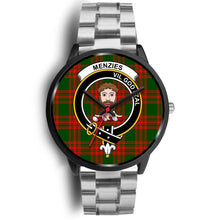 Load image into Gallery viewer, Menzies Green Modern Clans ,Black Metal Link watch, leather steel watch, tartan watch, tartan watches, clan watch, scotland watch, merry christmas, cyber Monday, halloween, black Friday