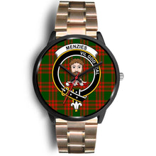 Load image into Gallery viewer, Menzies Green Modern Clans ,Black Leather watch, leather steel watch, tartan watch, tartan watches, clan watch, scotland watch, merry christmas, cyber Monday, halloween, black Friday