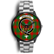 Load image into Gallery viewer, Middleton Modern Clans ,Black Metal Link watch, leather steel watch, tartan watch, tartan watches, clan watch, scotland watch, merry christmas, cyber Monday, halloween, black Friday