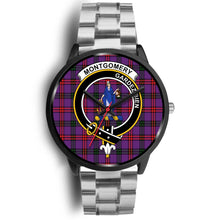Load image into Gallery viewer, Montgomery Modern Clans ,Black Metal Link watch, leather steel watch, tartan watch, tartan watches, clan watch, scotland watch, merry christmas, cyber Monday, halloween, black Friday