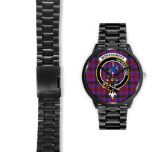 Load image into Gallery viewer, Montgomery Modern Clans ,Black Leather watch, leather steel watch, tartan watch, tartan watches, clan watch, scotland watch, merry christmas, cyber Monday, halloween, black Friday