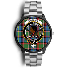 Load image into Gallery viewer, Stirling (of Keir) Clans ,Black Metal Link watch, leather steel watch, tartan watch, tartan watches, clan watch, scotland watch, merry christmas, cyber Monday, halloween, black Friday