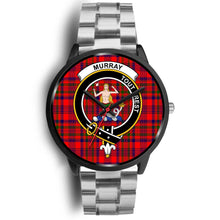 Load image into Gallery viewer, Murray (of Dysart) Clans ,Black Metal Link watch, leather steel watch, tartan watch, tartan watches, clan watch, scotland watch, merry christmas, cyber Monday, halloween, black Friday