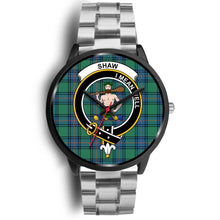 Load image into Gallery viewer, Shaw of Sauchie Clans ,Black Metal Link watch, leather steel watch, tartan watch, tartan watches, clan watch, scotland watch, merry christmas, cyber Monday, halloween, black Friday