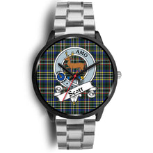 Load image into Gallery viewer, Scott Green Modern Clans ,Black Metal Link watch, leather steel watch, tartan watch, tartan watches, clan watch, scotland watch, merry christmas, cyber Monday, halloween, black Friday