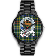Load image into Gallery viewer, Scott Green Modern Clans ,Black Metal Link watch, leather steel watch, tartan watch, tartan watches, clan watch, scotland watch, merry christmas, cyber Monday, halloween, black Friday