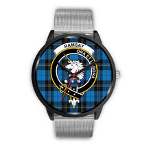 Load image into Gallery viewer, Ramsay Blue Ancient Clans ,Rose Gold Metal Link watch, leather steel watch, tartan watch, tartan watches, clan watch, scotland watch, merry christmas, cyber Monday, halloween, black Friday