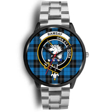Load image into Gallery viewer, Ramsay Blue Ancient Clans ,Black Metal Link watch, leather steel watch, tartan watch, tartan watches, clan watch, scotland watch, merry christmas, cyber Monday, halloween, black Friday