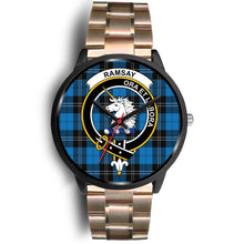 Load image into Gallery viewer, Ramsay Blue Ancient Clans ,Black Leather watch, leather steel watch, tartan watch, tartan watches, clan watch, scotland watch, merry christmas, cyber Monday, halloween, black Friday