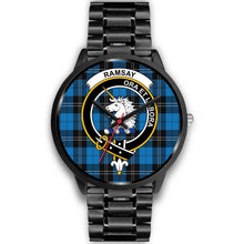 Load image into Gallery viewer, Ramsay Blue Ancient Clans ,Black Metal Link watch, leather steel watch, tartan watch, tartan watches, clan watch, scotland watch, merry christmas, cyber Monday, halloween, black Friday