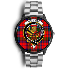 Load image into Gallery viewer, Nicolson Modern Clans ,Black Metal Link watch, leather steel watch, tartan watch, tartan watches, clan watch, scotland watch, merry christmas, cyber Monday, halloween, black Friday